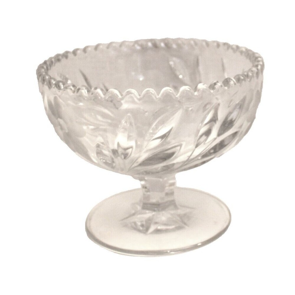 Clear Glass Footed Round Bowl Sawtooth Scalloped Rim Etched Floral Vintage